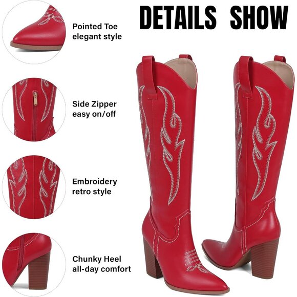 Women's Red Pu Rhinestones Embroidered Pointed Toe Chunky Heel Knee High Boots - Picture 4 of 7